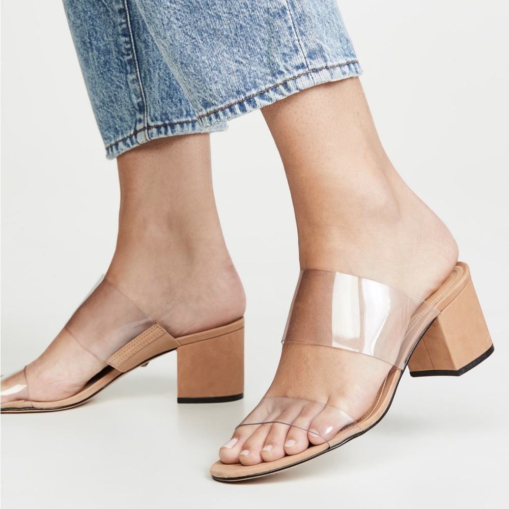 SCHUTZ Clear and Tan Block Heel Sandals